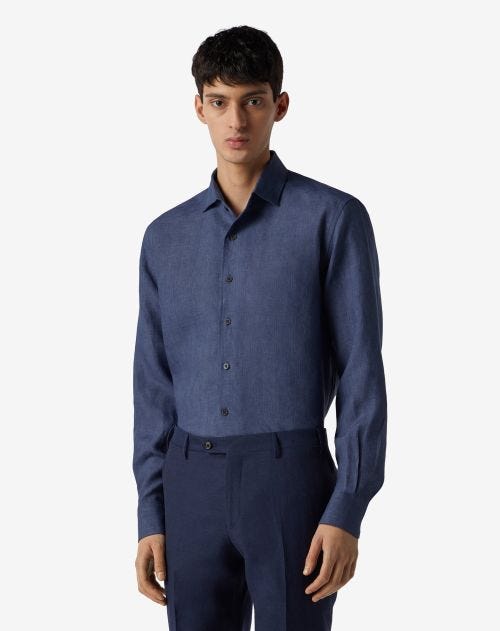 Camicia blu denim in puro lino delavè