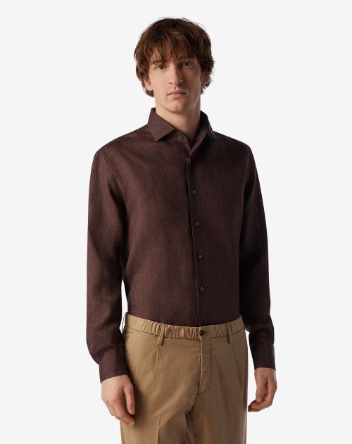 Camicia marrone in puro lino delavè