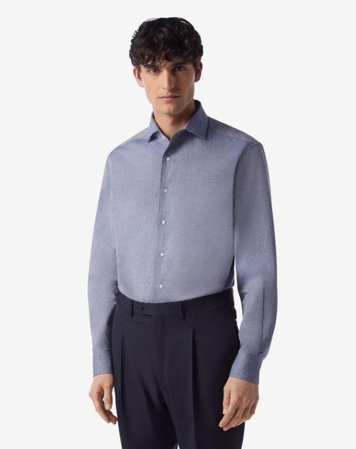 Camicia blu denim in cotone e lino