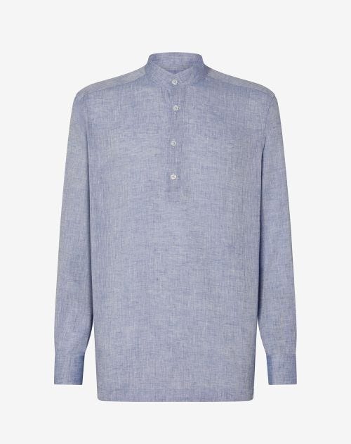 Camicia blu denim in lino chambray