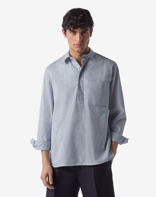 White organic cotton and silk shirt with light blue stripes