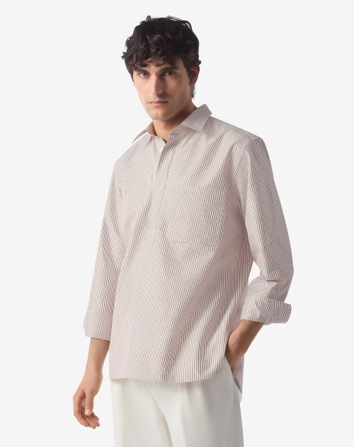 Wit overhemd met bruine microstreep van organisch katoen en zijde
