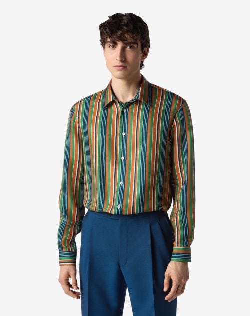 Orange/green striped organic silk shirt