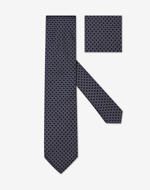Blue silk tie with blue/white geometric pattern