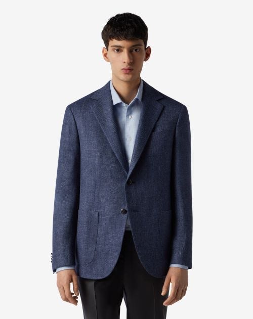 Blue single-breasted wool and linen jacket